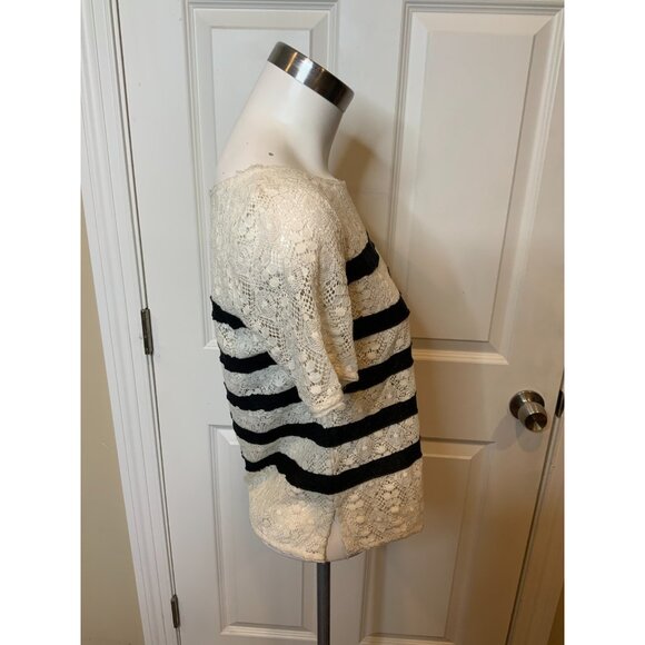 BCBG Max Azria Cream Sheer Lace Black Stripe Tovah Top, Size Small - Picture 2 of 5